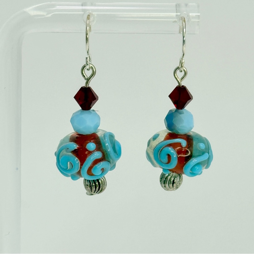 Artisan Elegant Blue and Red Beaded Earrings